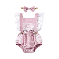 Load image into Gallery viewer, 2-Piece Summer Baby Girl Lace Decor Flutter Sleeve Backless Bodysuit Wholesale 28514740

