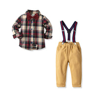 Load image into Gallery viewer, 2 Pieces Set Baby Kid Boys Birthday Party Checked Bow Shirts And Solid Color Jumpsuits Wholesale 21110902
