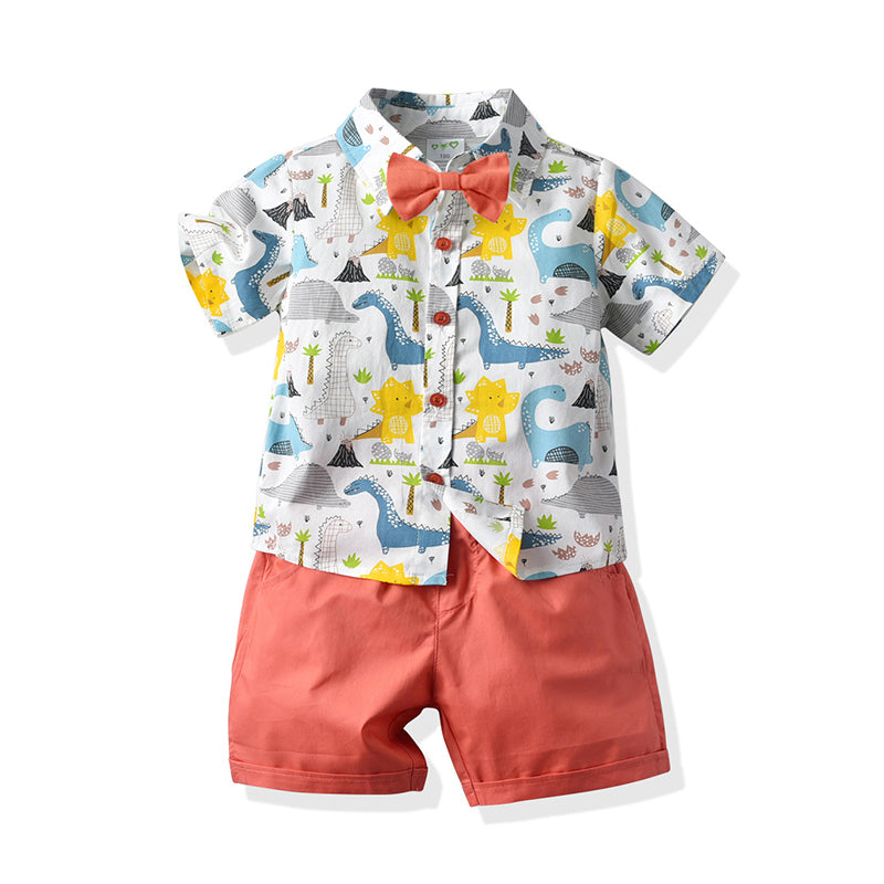 2 Pieces Set Baby Kid Boys Beach Dinosaur Cartoon Print T-Shirts And Solid Color Shorts Wholesale 211109103