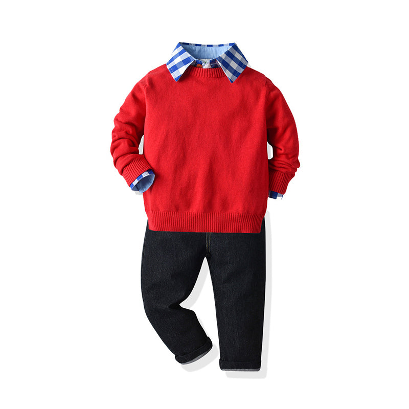 3 Pieces Set Baby Kid Boys Checked Shirts Solid Color Sweaters And Pants Wholesale 211109104
