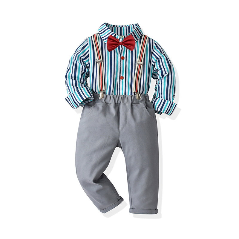 2 Pieces Set Baby Kid Boys Dressy Striped Shirts And Solid Color Jumpsuits Wholesale 211109109