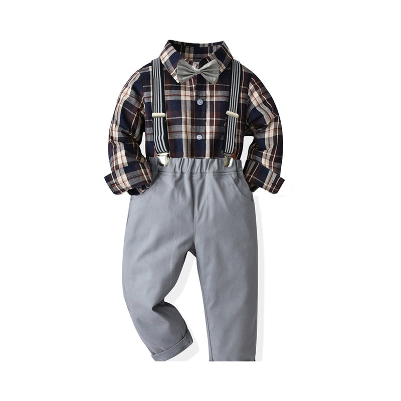 2 Pieces Set Baby Kid Boys Birthday Party Checked Bow Shirts And Solid Color Jumpsuits Wholesale 21110911