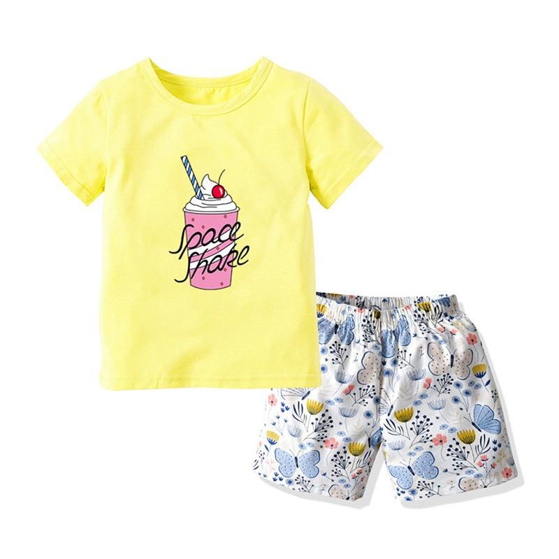 2 Pieces Set Baby Kid Girls Cartoon Print T-Shirts Butterfly And Plant Shorts Wholesale 211109121