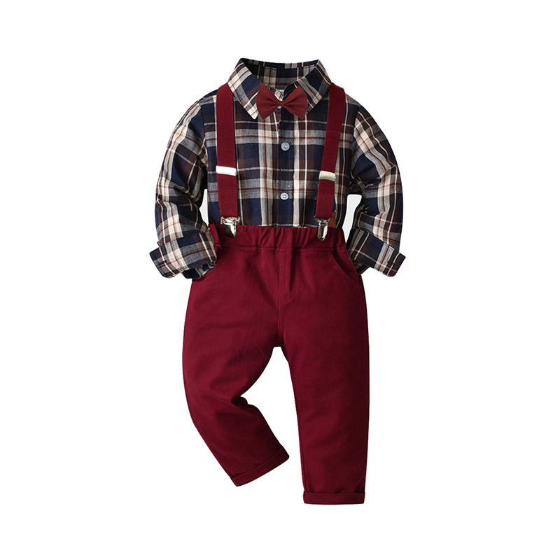 2 Pieces Set Baby Kid Boys Birthday Party Checked Bow Shirts And Solid Color Jumpsuits Wholesale 211109122