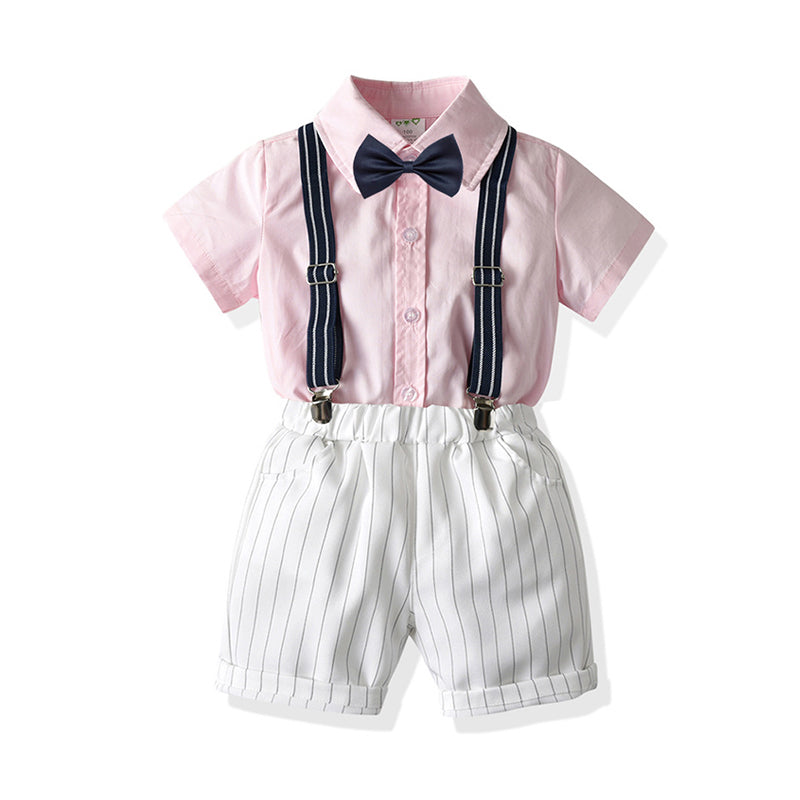 2 Pieces Set Baby Kid Boys Dressy Solid Color Bow Shirts And Striped Rompers Wholesale 211109130
