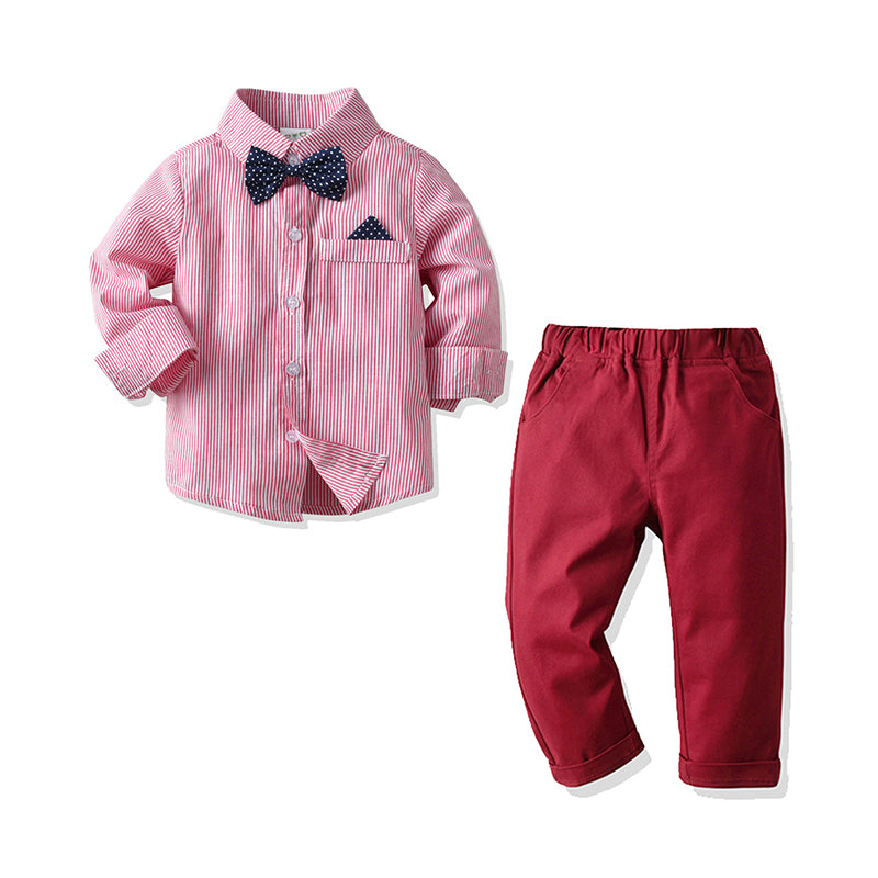 2 Pieces Set Baby Kid Boys Dressy Striped Bow Shirts And Solid Color Pants Wholesale 211109131