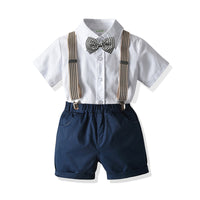 Load image into Gallery viewer, 2 Pieces Set Baby Kid Boys Dressy Solid Color Checked Bow Shirts And Striped Rompers Wholesale 211109132
