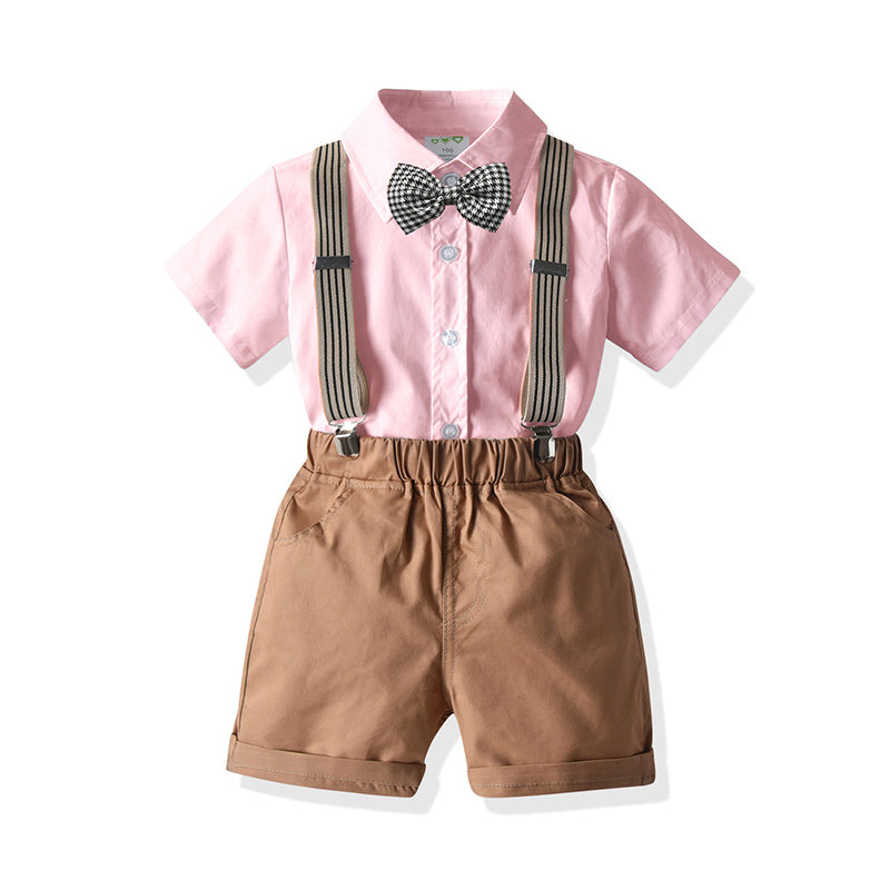 2 Pieces Set Baby Kid Boys Dressy Solid Color Checked Bow Shirts And Striped Rompers Wholesale 211109132