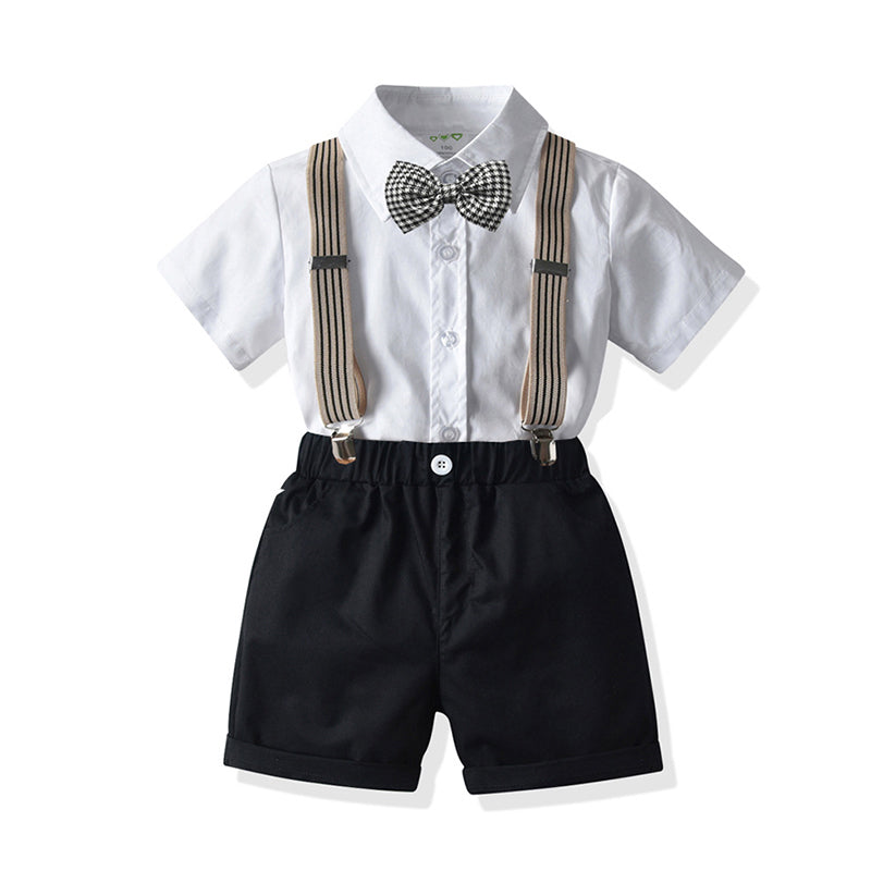 2 Pieces Set Baby Kid Boys Dressy Solid Color Checked Bow Shirts And Striped Rompers Wholesale 211109132