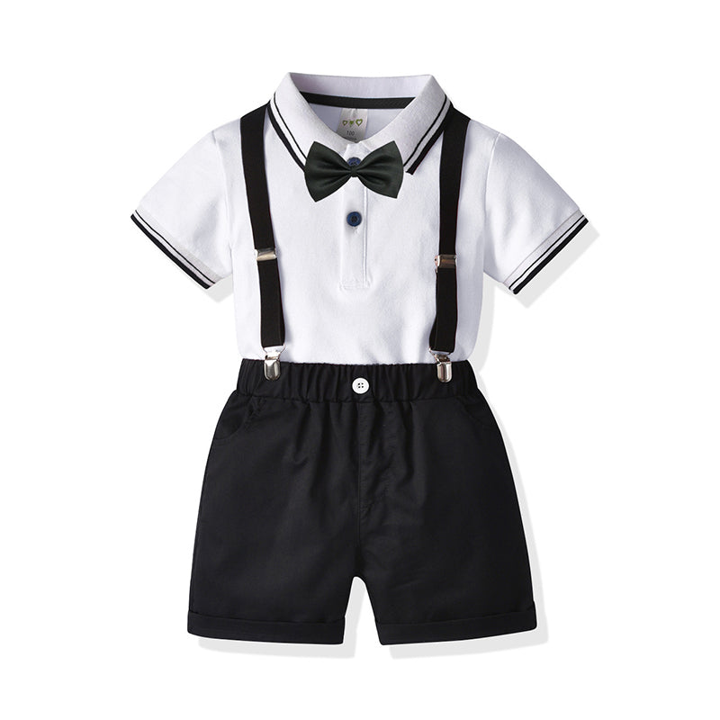 2 Pieces Set Baby Kid Boys Dressy Striped Bow Polo Shirts And Solid Color Rompers Wholesale 211109140