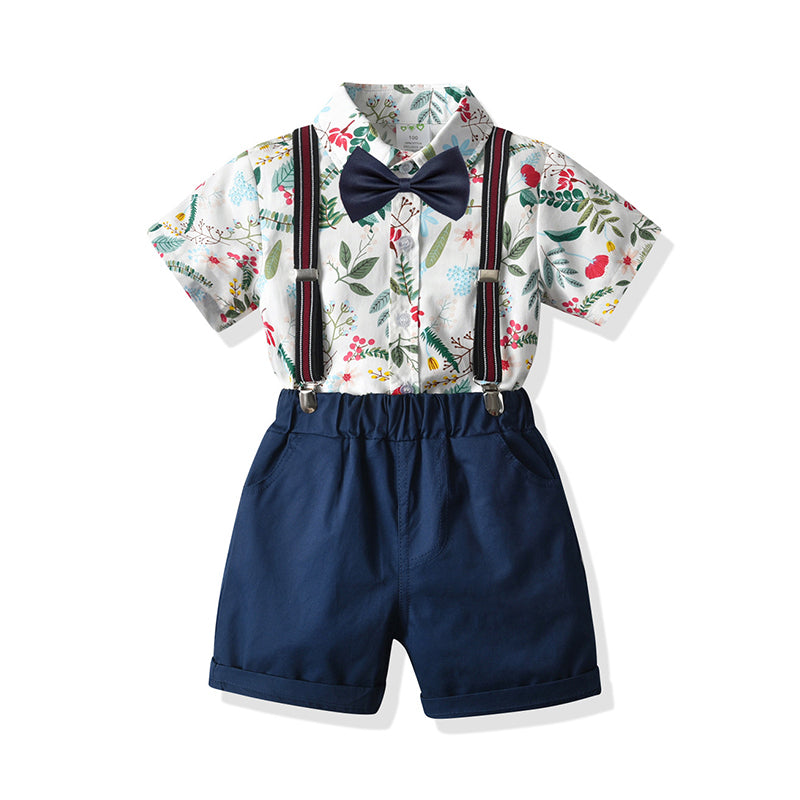 2 Pieces Set Baby Kid Boys Dressy Plant Bow Print Shirts Solid Color And Striped Shorts Wholesale 211109141