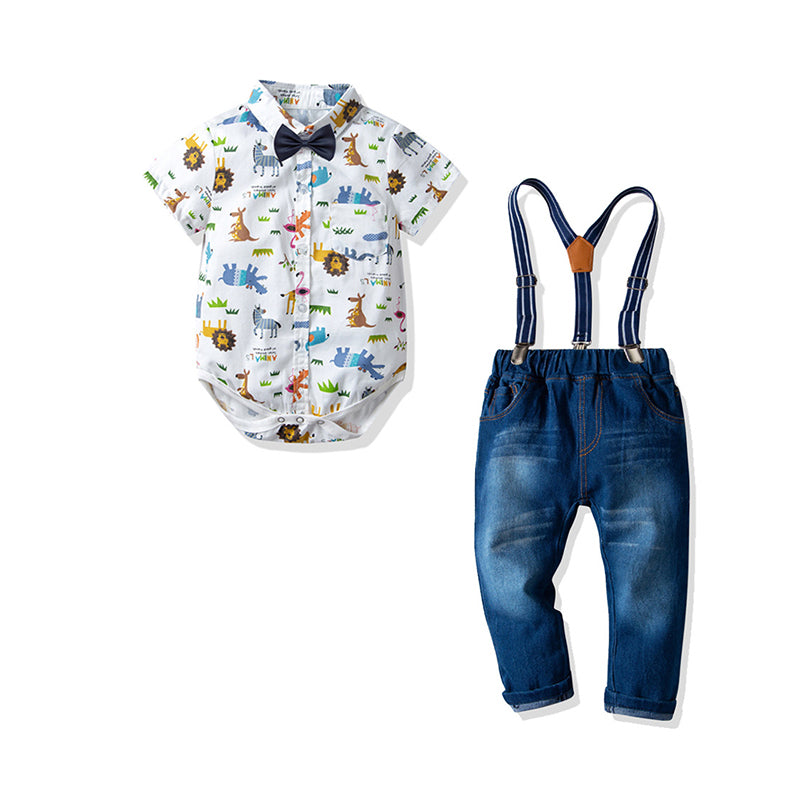 2 Pieces Set Baby Boys Animals Plant Bow Print Rompers And Solid Color Pants Wholesale 211109144