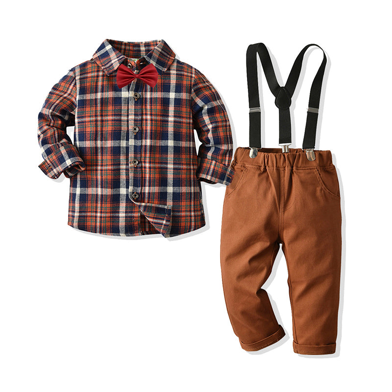 2 Pieces Set Baby Kid Boys Checked Shirts Solid Color And Bow Jumpsuits Others accessories Wholesale 211109145