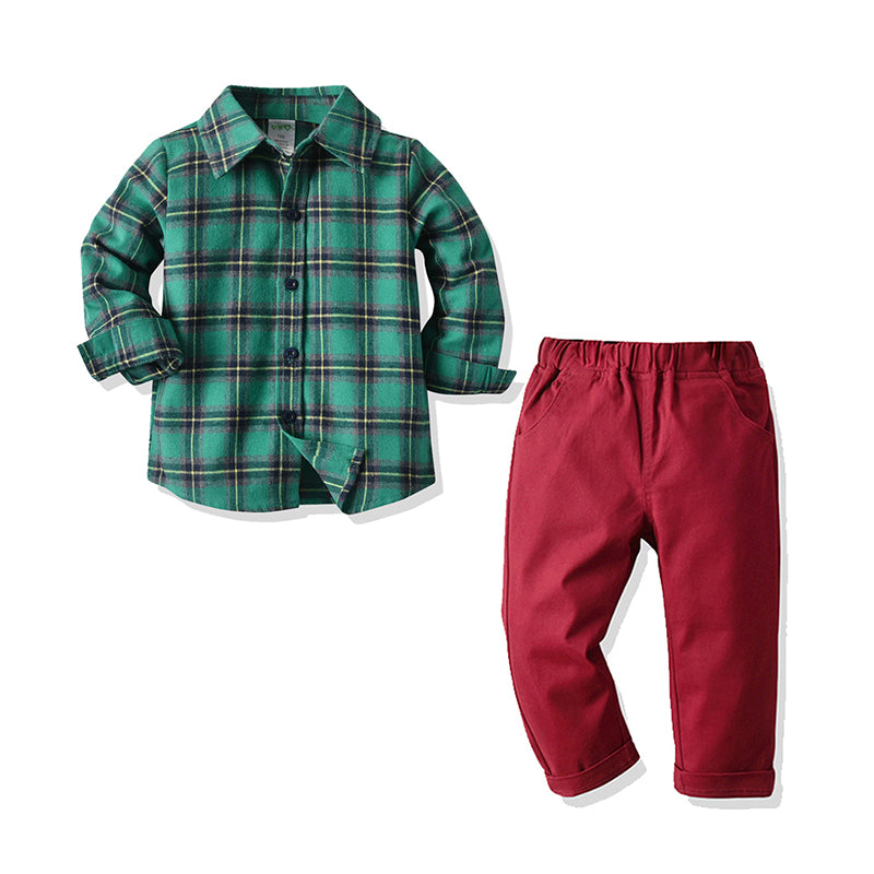 2 Pieces Set Baby Kid Boys Checked Shirts And Solid Color Pants Wholesale 211109150
