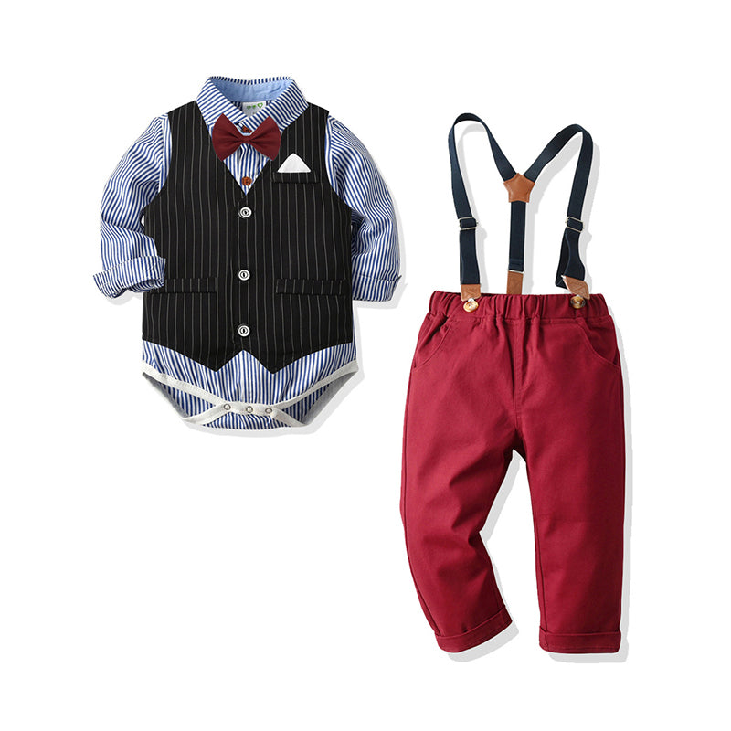 3 Pieces Set Baby Boys Birthday Party Bow Rompers Striped Vests Waistcoats And Solid Color Jumpsuits Wholesale 211109156