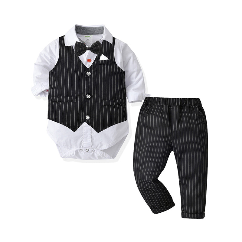 3 Pieces Set Baby Boys Birthday Party Solid Color Bow Rompers Striped Vests Waistcoats And Pants Wholesale 211109157
