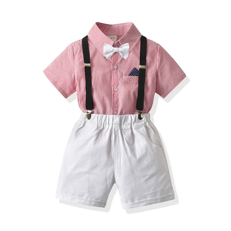 2 Pieces Set Baby Kid Boys Birthday Party Striped Bow Shirts And Solid Color Rompers Wholesale 211109161