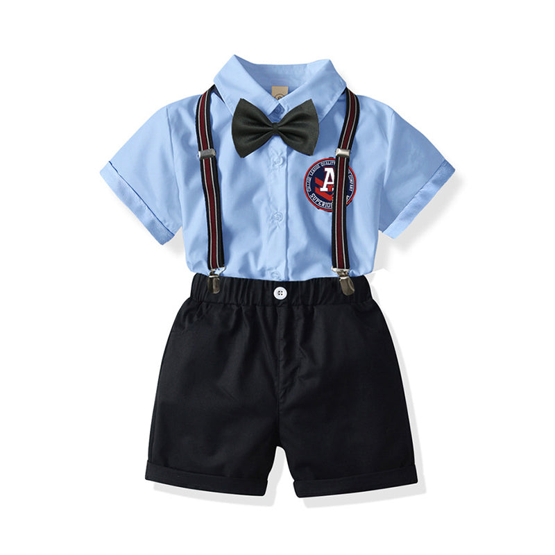2 Pieces Set Baby Kid Boys Birthday Party Bow Embroidered Shirts And Solid Color Rompers Wholesale 211109162