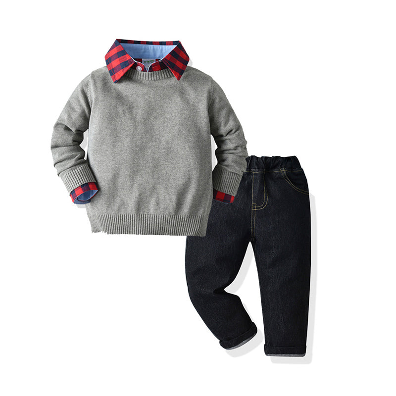 3 Pieces Set Baby Kid Boys Checked Shirts Solid Color Sweaters And Jeans Wholesale 211109166
