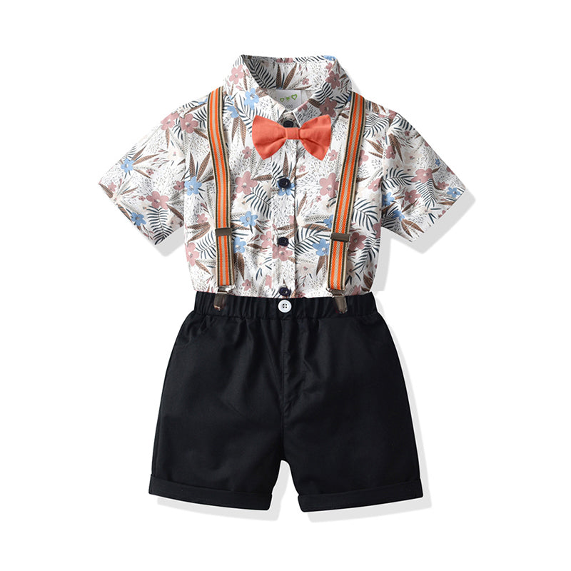 2 Pieces Set Baby Kid Boys Birthday Party Flower Bow Print Shirts And Solid Color Rompers Wholesale 21110917