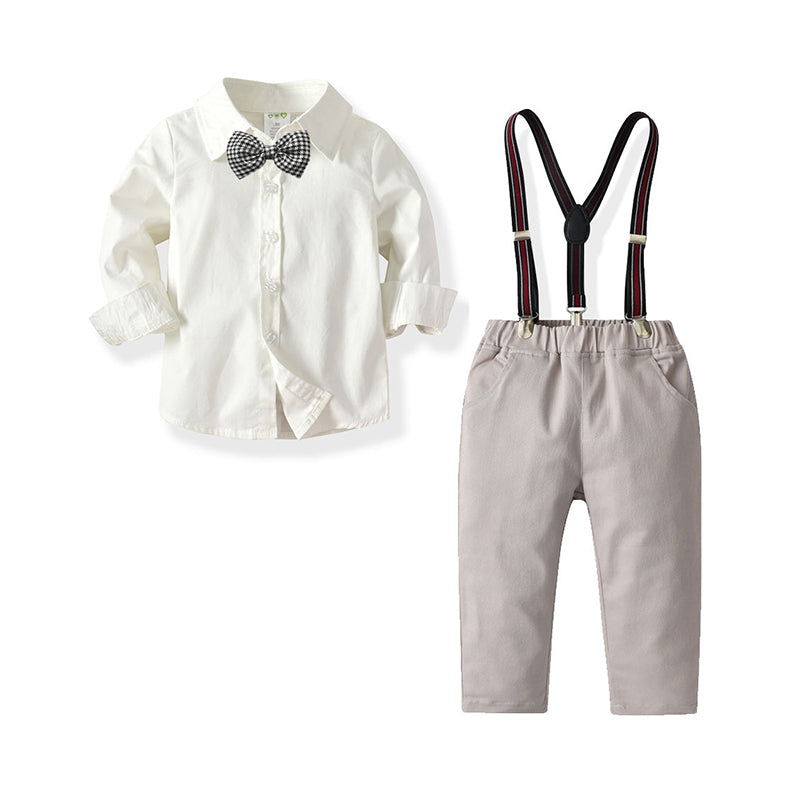 2 Pieces Set Baby Kid Boys Birthday Party Bow Shirts And Solid Color Jumpsuits Wholesale 211109182
