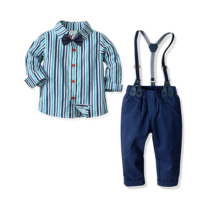 2 Pieces Set Baby Kid Boys Birthday Party Striped Bow Shirts And Solid Color Jumpsuits Wholesale 211109183