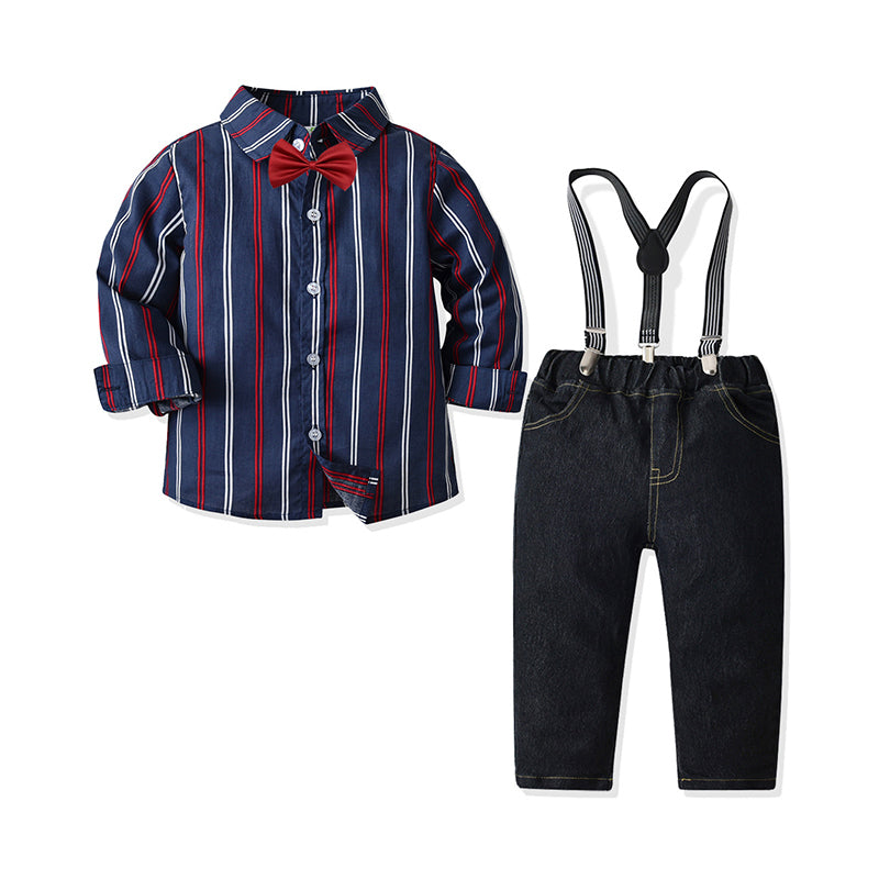 2 Pieces Set Baby Kid Boys Birthday Party Striped Bow Shirts And Solid Color Jumpsuits Wholesale 211109185