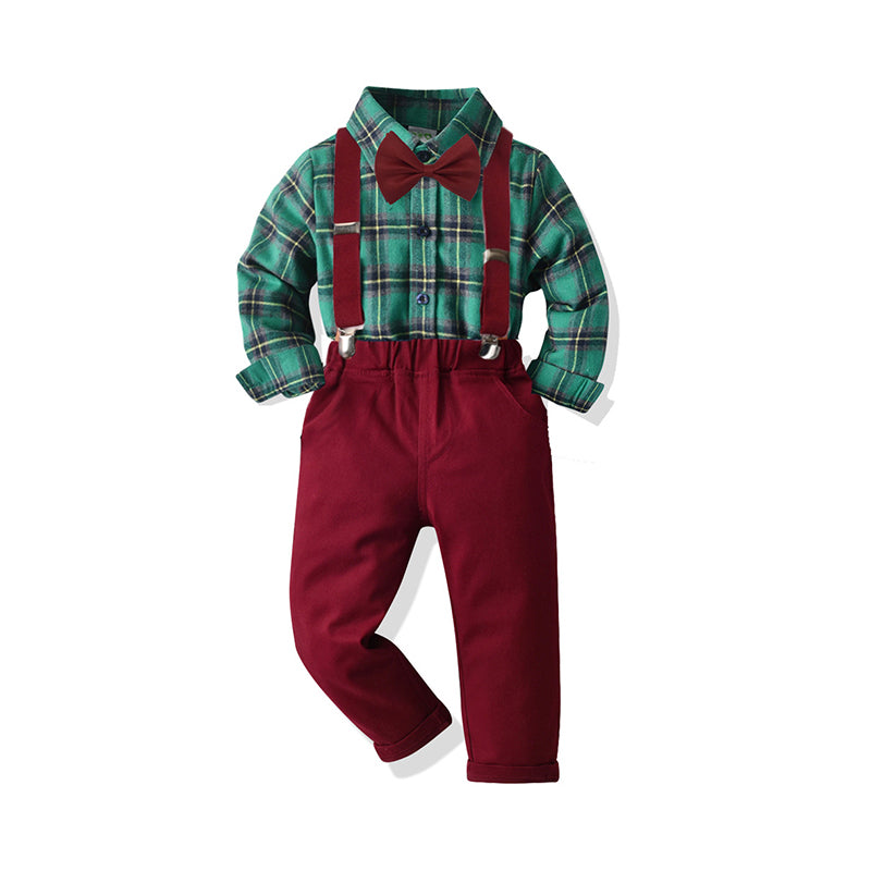 2 Pieces Set Baby Kid Boys Birthday Party Checked Bow Shirts And Solid Color Jumpsuits Wholesale 211109186