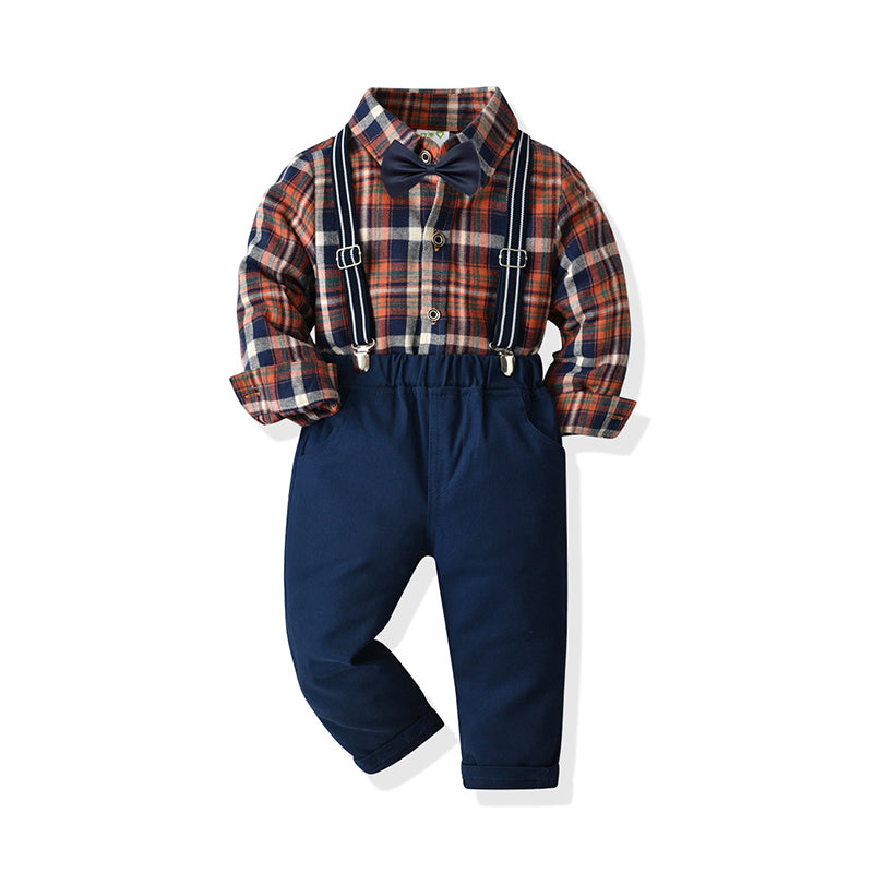 2 Pieces Set Baby Kid Boys Birthday Party Checked Bow Shirts And Solid Color Jumpsuits Wholesale 211109187