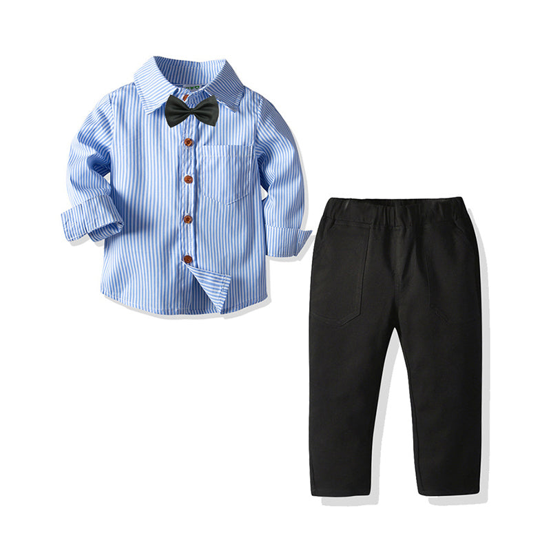 2 Pieces Set Baby Kid Boys Birthday Party Striped Bow Shirts And Solid Color Pants Wholesale 211109188