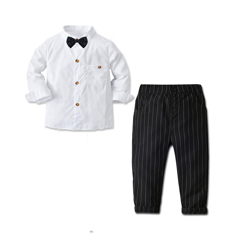 2 Pieces Set Baby Kid Boys Birthday Party Solid Color Bow Shirts And Striped Pants Wholesale 211109190
