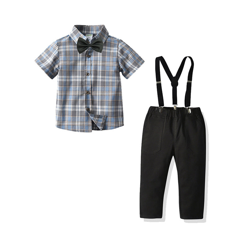 2 Pieces Set Baby Kid Boys Birthday Party Checked Bow Shirts And Solid Color Jumpsuits Wholesale 211109192