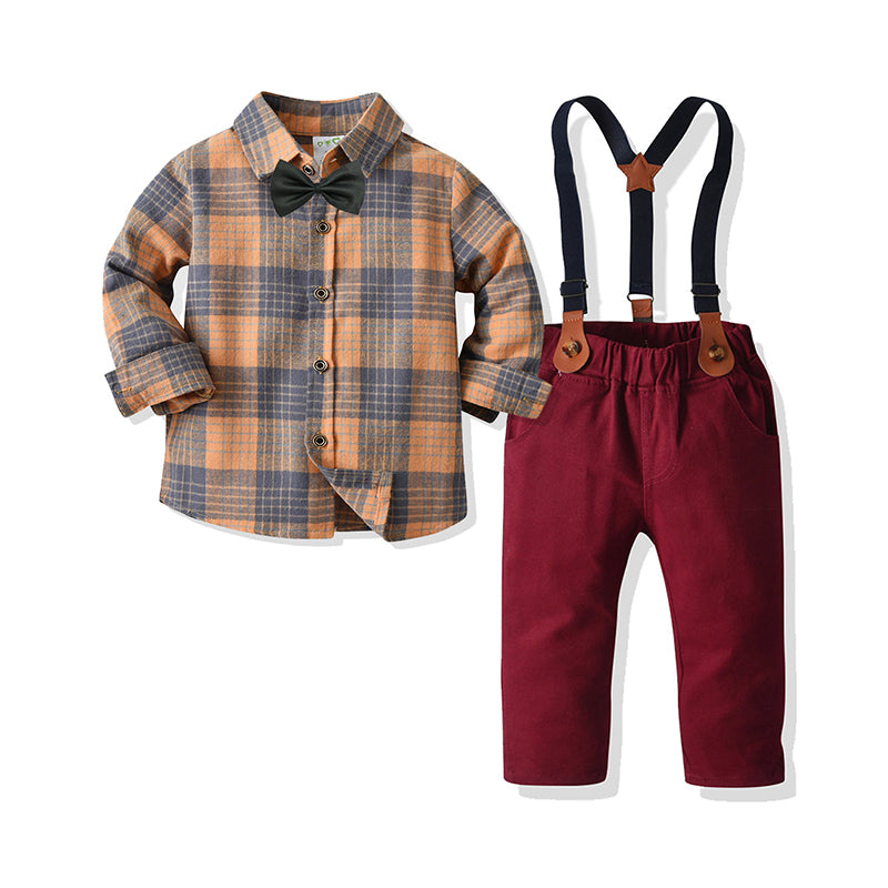 2 Pieces Set Baby Kid Boys Birthday Party Checked Bow Shirts And Solid Color Jumpsuits Wholesale 211109194