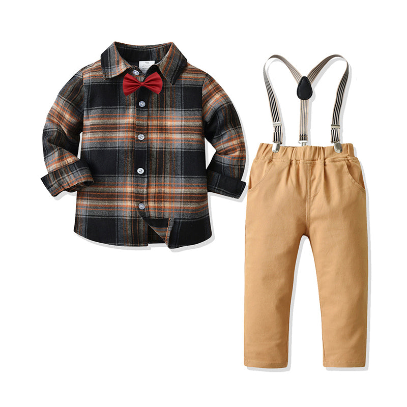 2 Pieces Set Baby Kid Boys Birthday Party Checked Bow Shirts And Solid Color Jumpsuits Wholesale 211109197