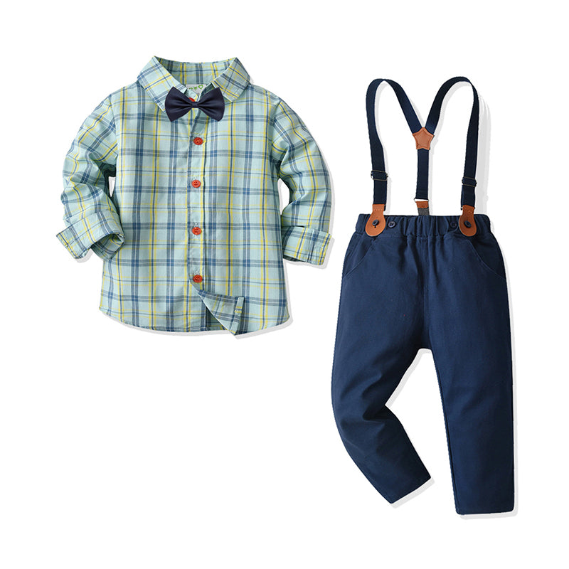 2 Pieces Set Baby Kid Boys Birthday Party Checked Bow Shirts And Solid Color Jumpsuits Wholesale 211109198