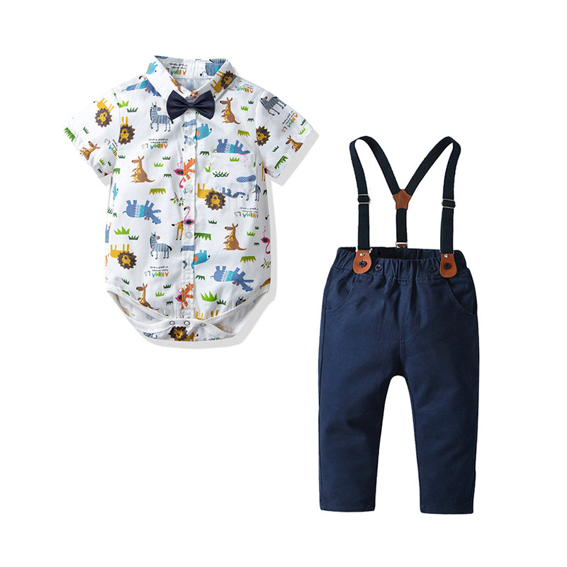 2 Pieces Set Baby Boys Birthday Party Animals Bow Print Rompers And Solid Color Jumpsuits Wholesale 211109204