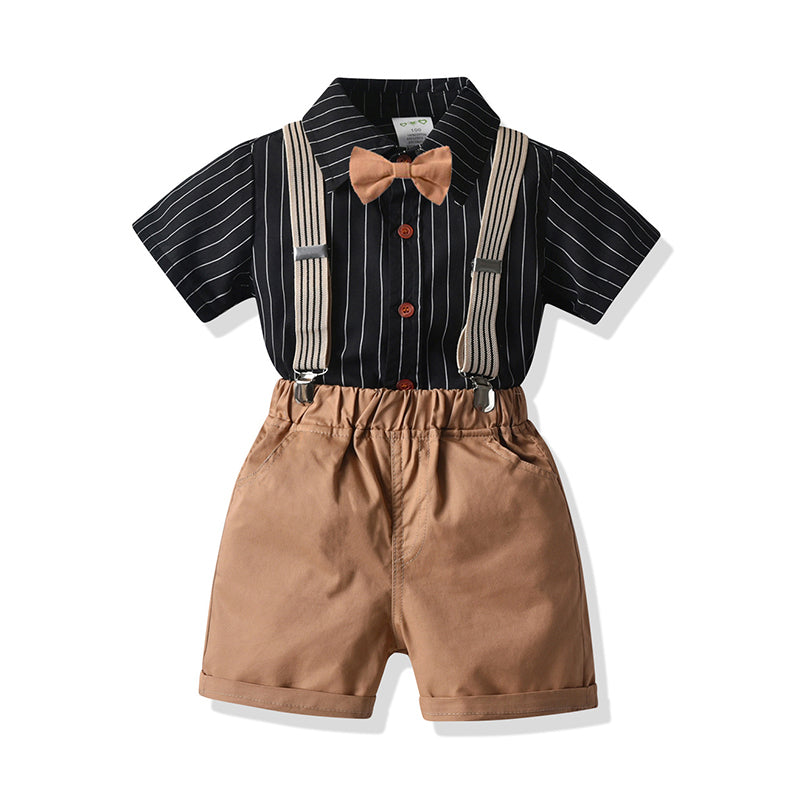 2 Pieces Set Baby Kid Boys Birthday Party Striped Bow Shirts And Solid Color Rompers Wholesale 211109207