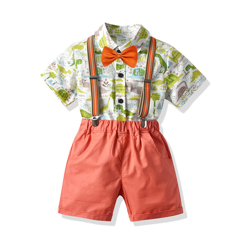 2 Pieces Set Baby Kid Boys Birthday Party Dinosaur Bow Print Shirts And Solid Color Rompers Wholesale 211109209