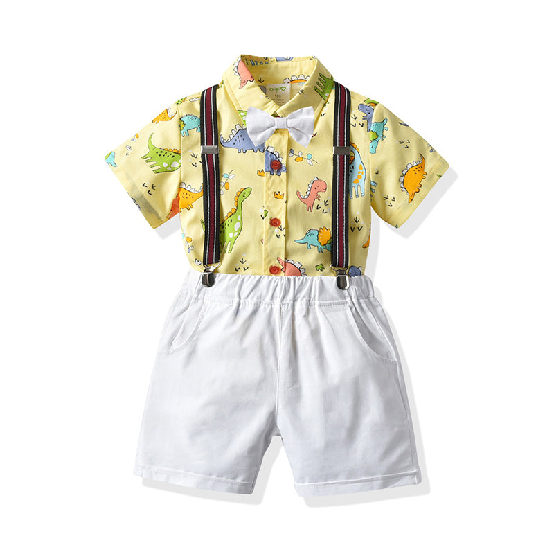 2 Pieces Set Baby Kid Boys Birthday Party Dinosaur Bow Print Shirts And Solid Color Rompers Wholesale 211109211