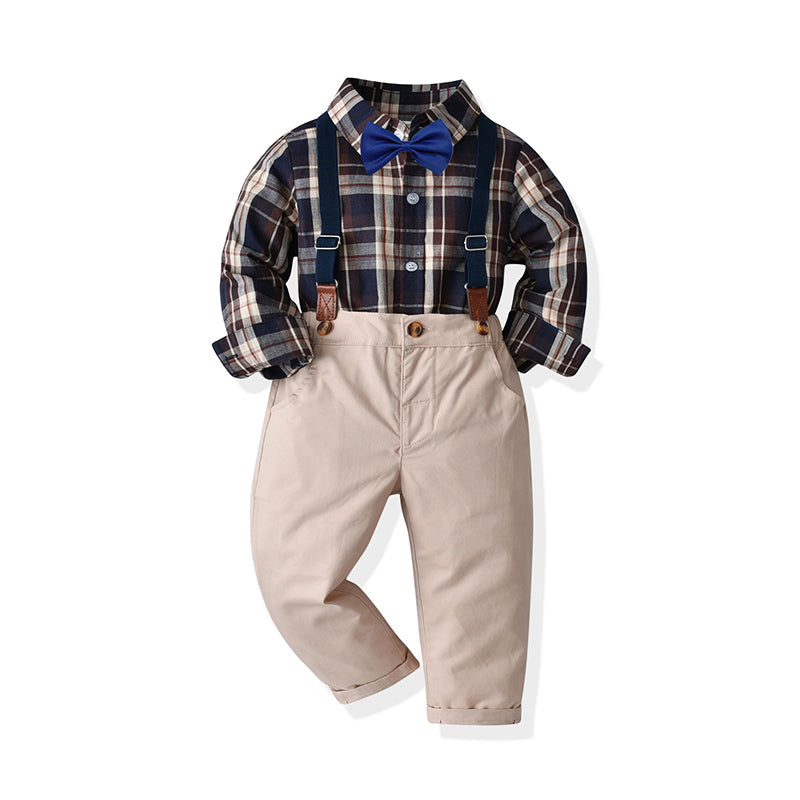 2 Pieces Set Baby Kid Boys Birthday Party Checked Bow Shirts And Solid Color Jumpsuits Wholesale 211109213