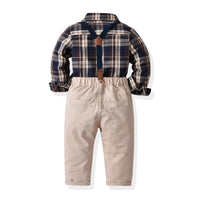 Load image into Gallery viewer, 2 Pieces Set Baby Kid Boys Birthday Party Checked Bow Shirts And Solid Color Jumpsuits Wholesale 211109213

