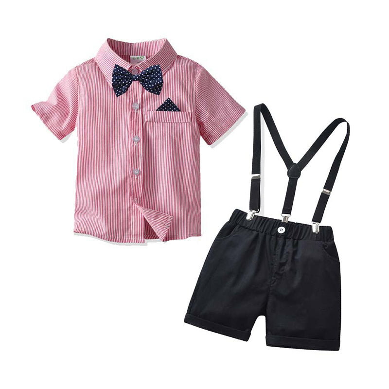 2 Pieces Set Baby Kid Boys Birthday Party Striped Bow Shirts And Solid Color Rompers Wholesale 211109215