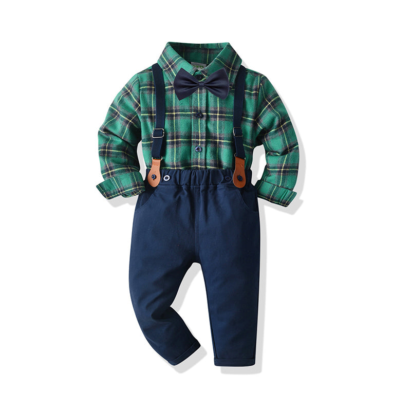 2 Pieces Set Baby Kid Boys Birthday Party Checked Bow Shirts And Solid Color Jumpsuits Wholesale 211109217