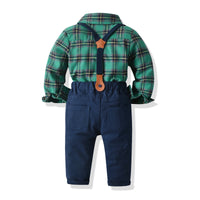 Load image into Gallery viewer, 2 Pieces Set Baby Kid Boys Birthday Party Checked Bow Shirts And Solid Color Jumpsuits Wholesale 211109217
