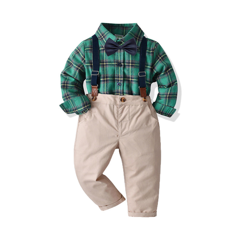 2 Pieces Set Baby Kid Boys Birthday Party Checked Bow Shirts And Solid Color Jumpsuits Wholesale 211109220