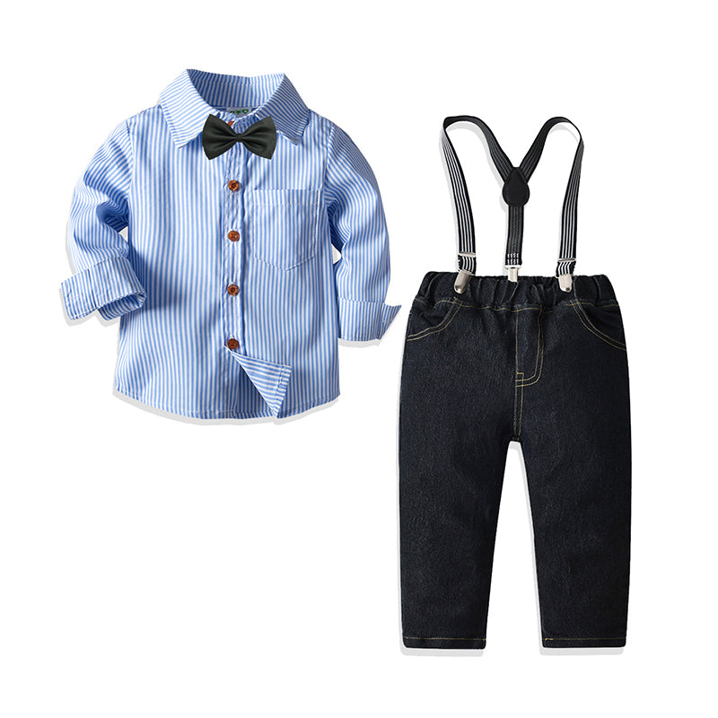 2 Pieces Set Baby Kid Boys Birthday Party Striped Bow Shirts And Solid Color Pants Wholesale 211109242