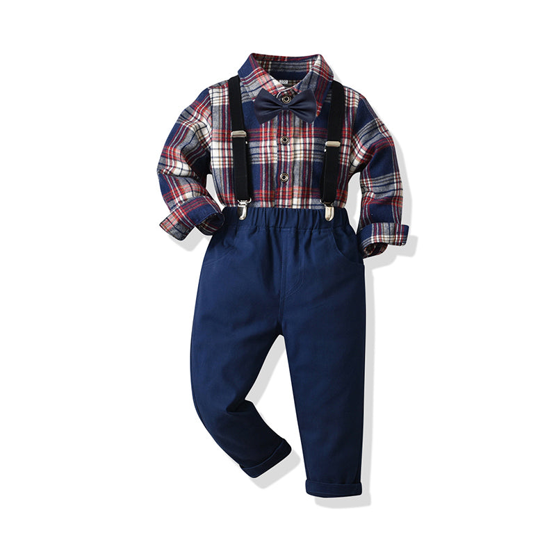 2 Pieces Set Baby Kid Boys Birthday Party Checked Bow Shirts And Solid Color Pants Wholesale 211109246