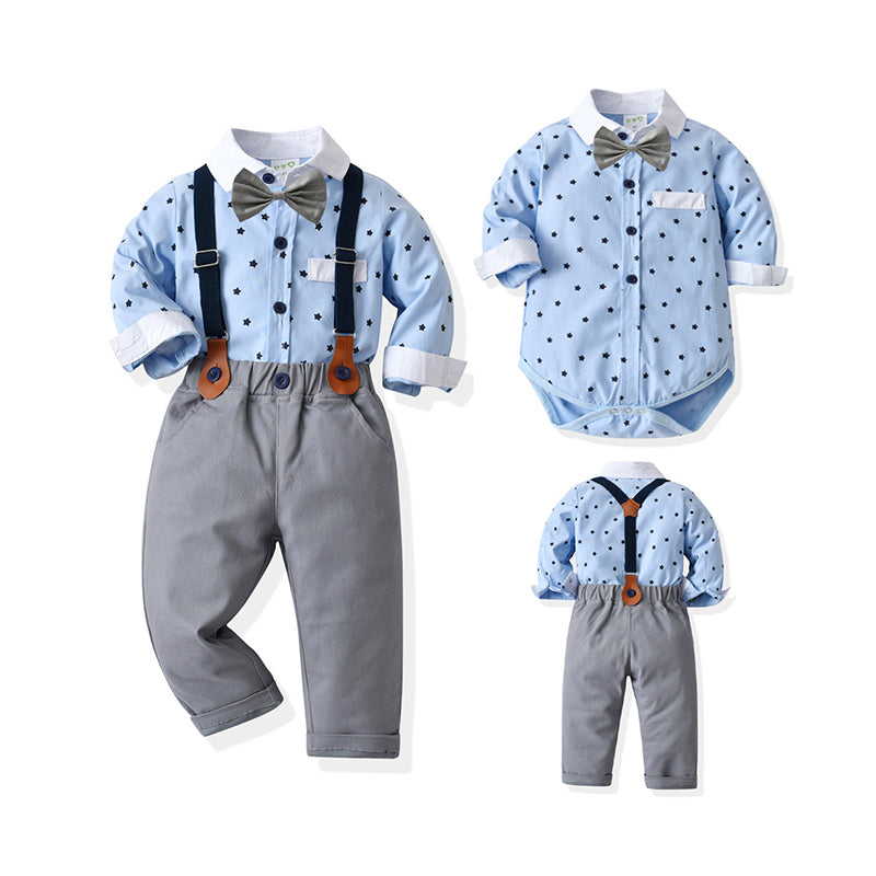 2 Pieces Set Baby Boys Birthday Party Star Bow Print Shirts And Solid Color Jumpsuits Wholesale 21110925