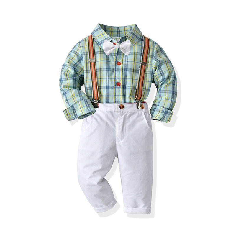 2 Pieces Set Baby Kid Boys Birthday Party Color-blocking Checked Shirts And Solid Color Suits Jumpsuits Others accessories Wholesale 211109250