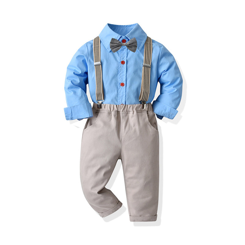 2 Pieces Set Baby Kid Boys Birthday Party Solid Color Bow Shirts And Striped Jumpsuits Wholesale 211109251
